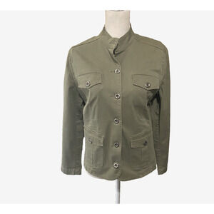 Chicos Platinum Safari Jacket Womens Sz 1 US M Green‎ Long Sleeve Pockets